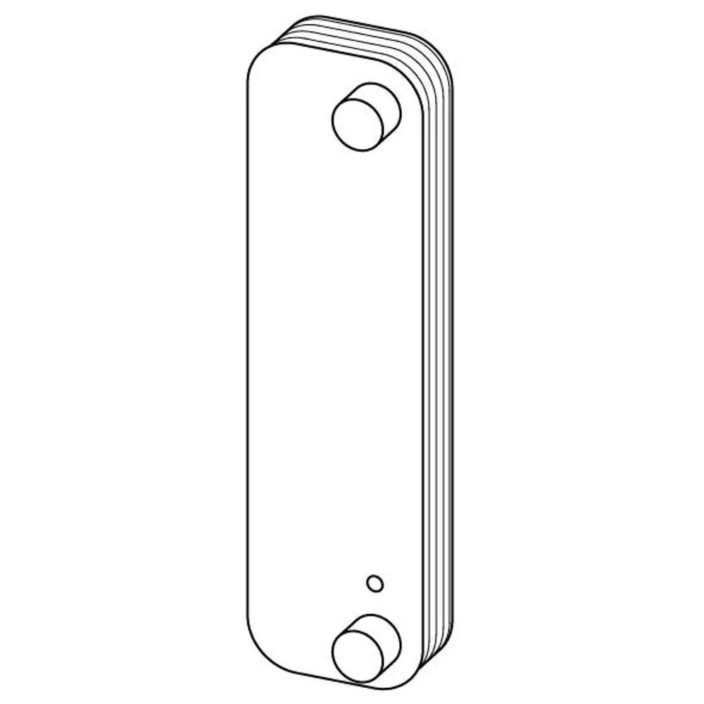 Wärmetauscher mit flacher, rechteckiger Form und zwei Anschlussöffnungen. Das Produkt stammt von Uponor und zeigt eine einfache, funktionale Konstruktion.